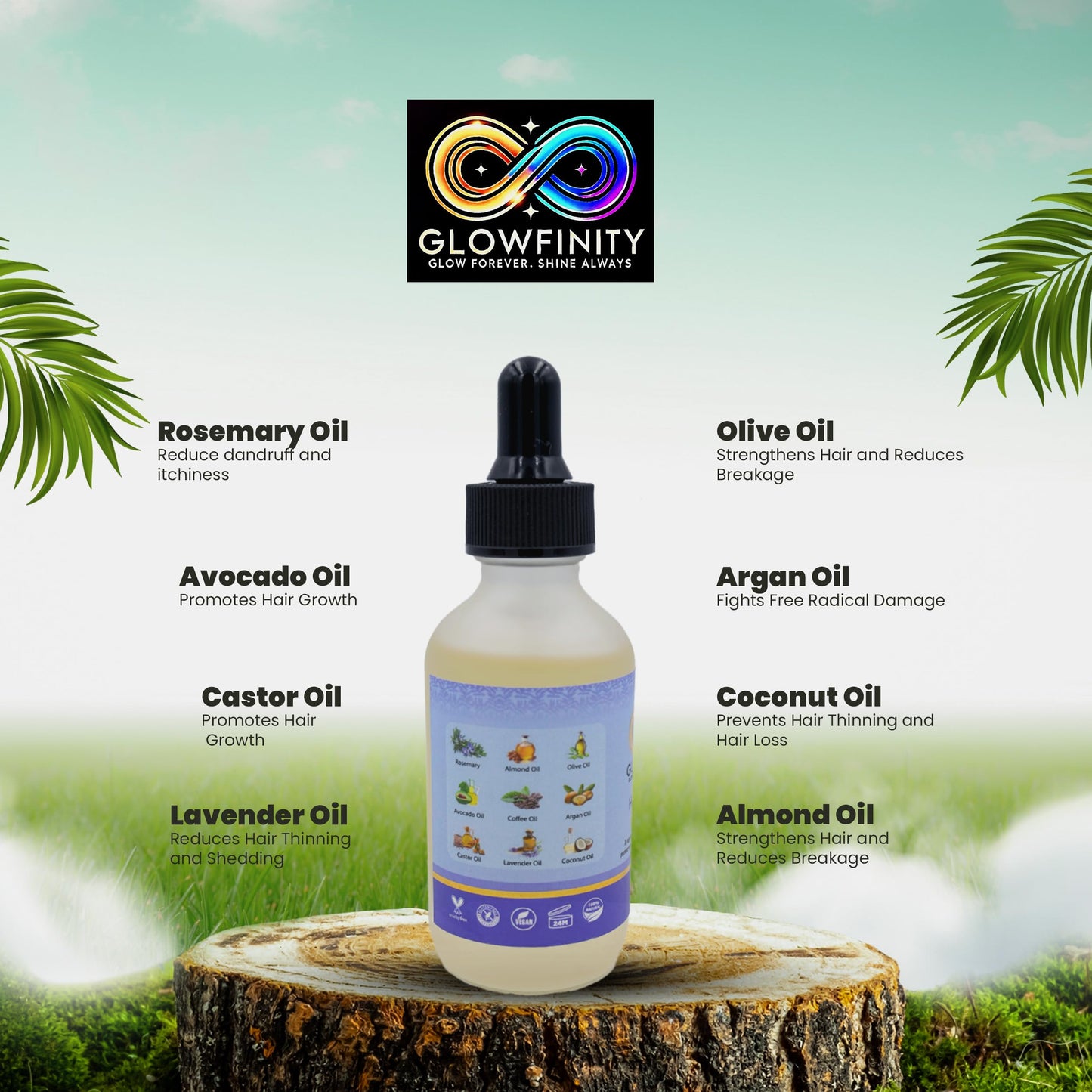 GLOWFINITY Hair Growth Oil with Rosemary, Castor, Coconut, Almond and Argan Scalp Oil for Hair Growth and Thickness, 60 ml, Vegan
