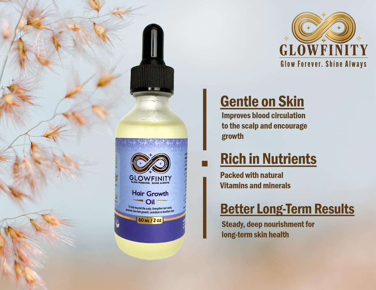 GLOWFINITY Hair Growth Oil with Rosemary, Castor, Coconut, Almond and Argan Scalp Oil for Hair Growth and Thickness, 60 ml, Vegan
